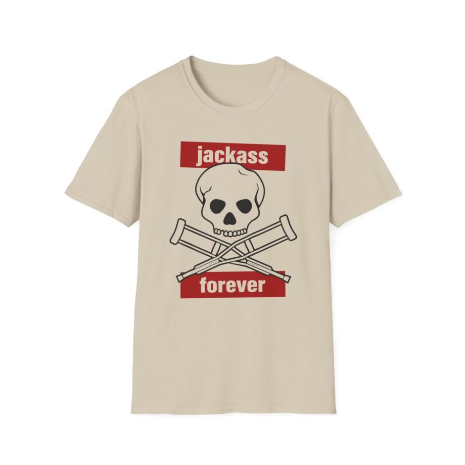 Jackass Forever Red Skull and Crutches Warning Logo Raglan Unisex Softstyle T-shirt