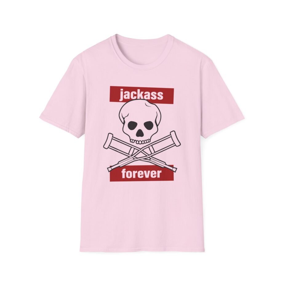 Jackass Forever Red Skull and Crutches Warning Logo Raglan Unisex Softstyle T-shirt