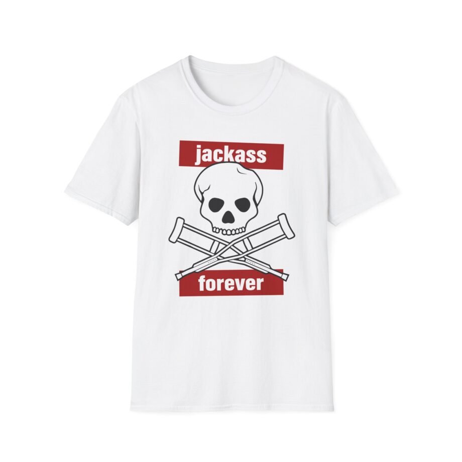 Jackass Forever Red Skull and Crutches Warning Logo Raglan Unisex Softstyle T-shirt