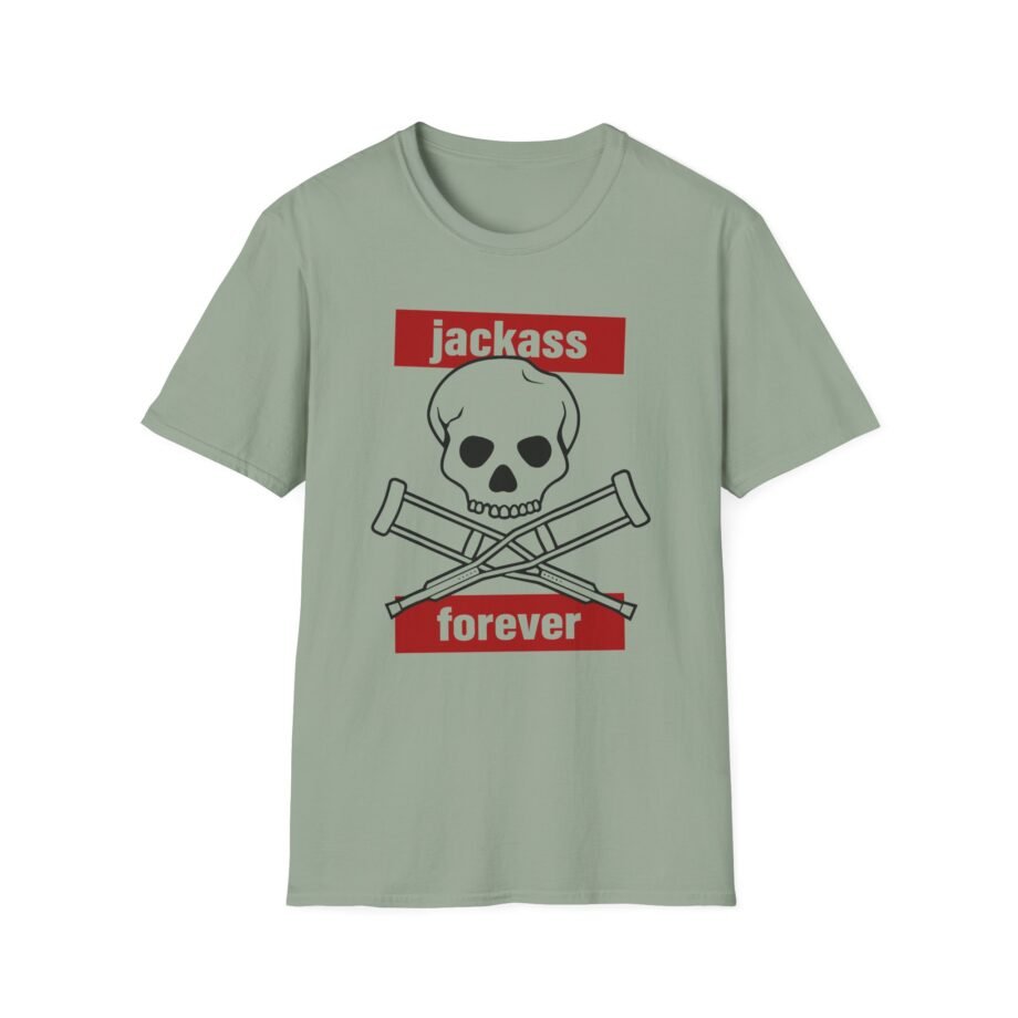 Jackass Forever Red Skull and Crutches Warning Logo Raglan Unisex Softstyle T-shirt