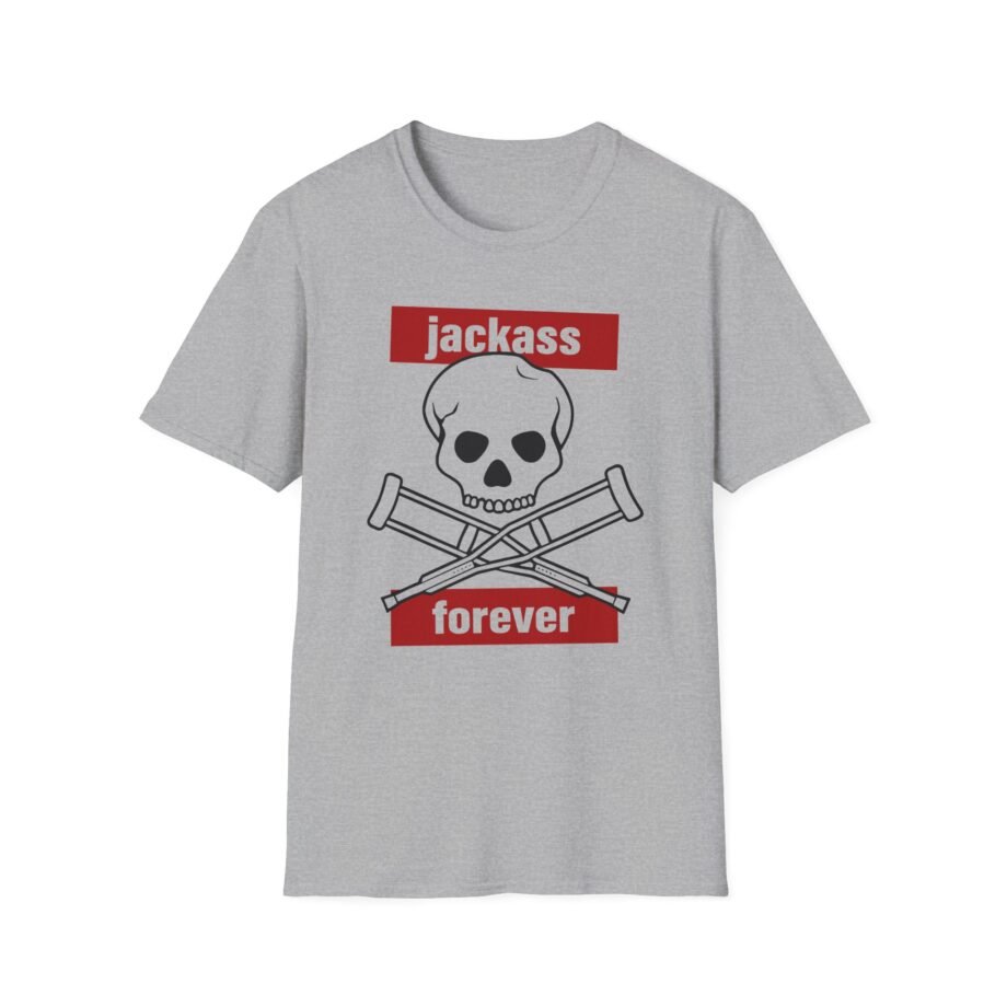 Jackass Forever Red Skull and Crutches Warning Logo Raglan Unisex Softstyle T-shirt