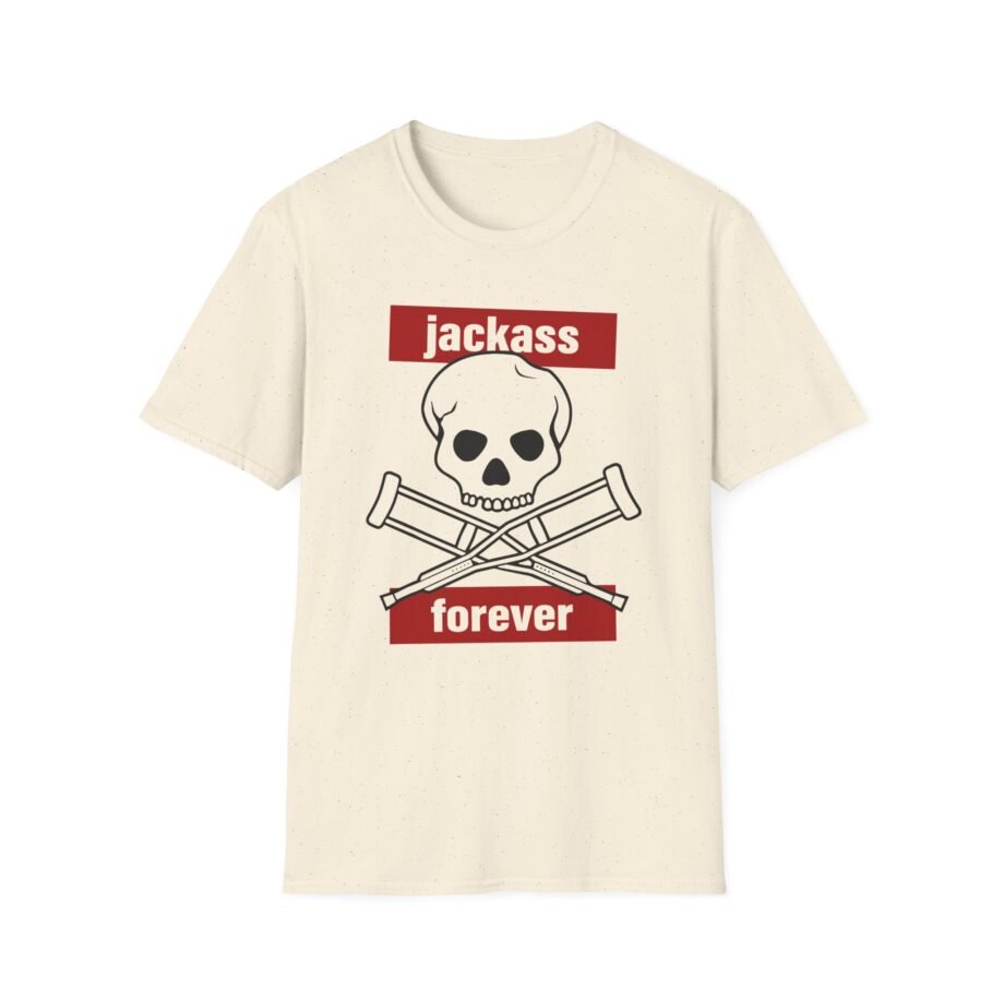 Jackass Forever Red Skull and Crutches Warning Logo Raglan Unisex Softstyle T-shirt