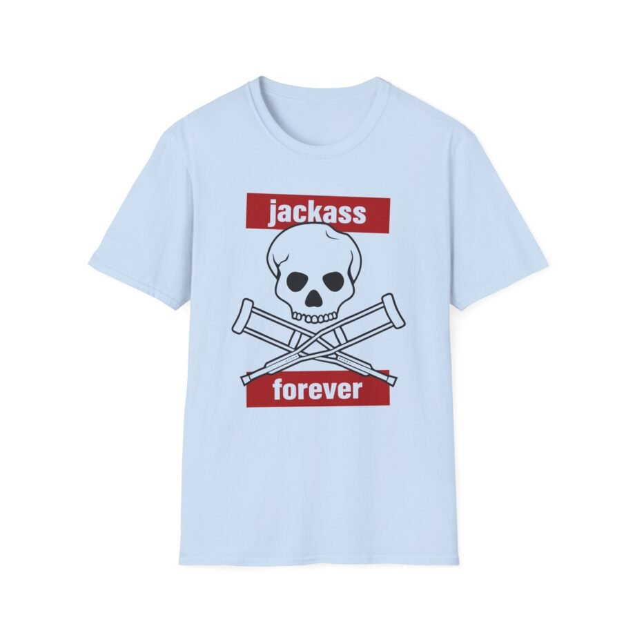 Jackass Forever Red Skull and Crutches Warning Logo Raglan Unisex Softstyle T-shirt