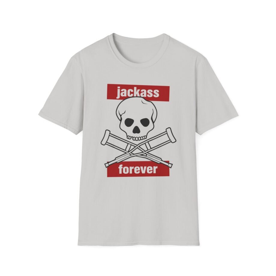 Jackass Forever Red Skull and Crutches Warning Logo Raglan Unisex Softstyle T-shirt